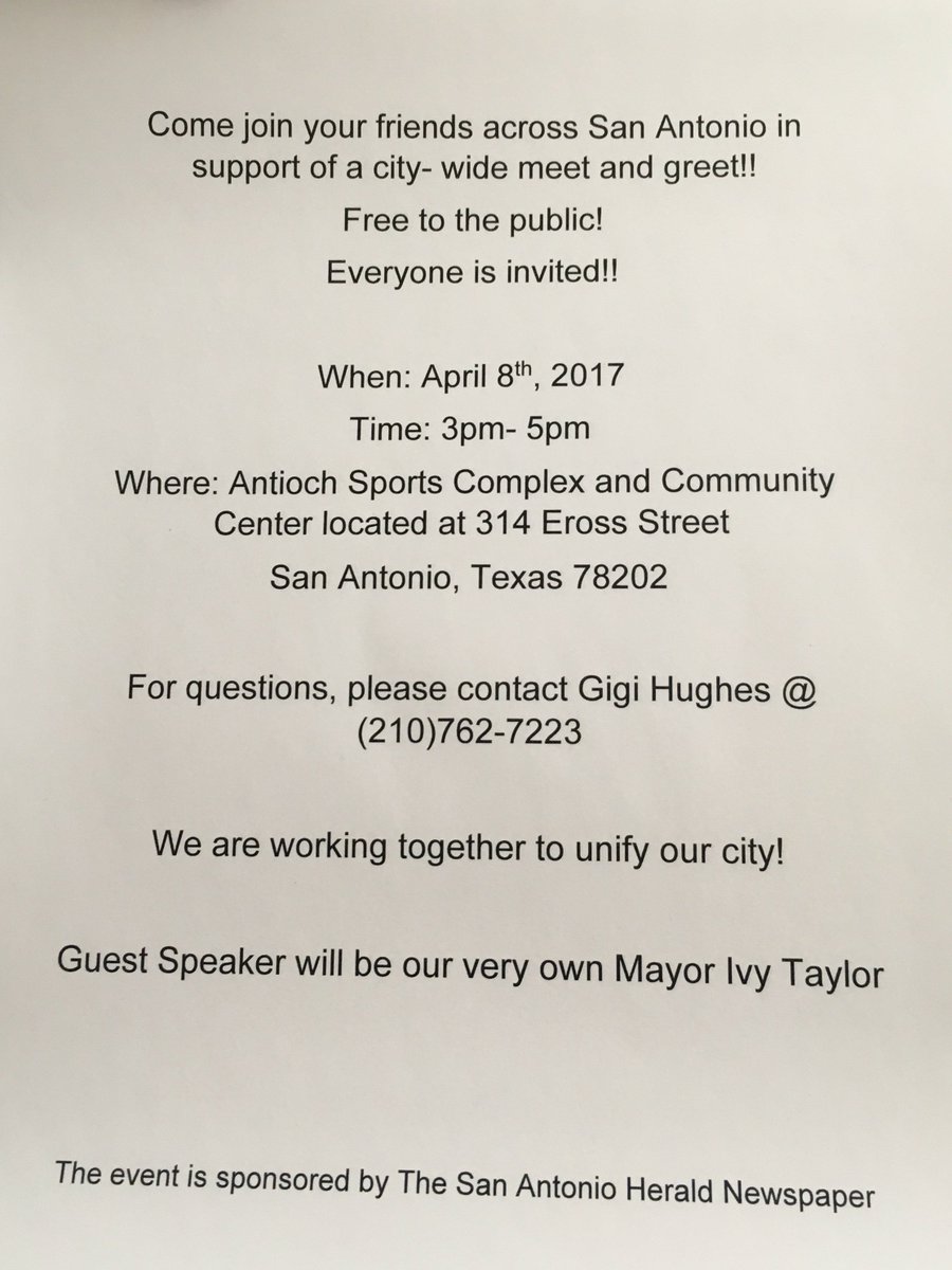 IvyRTaylor's tweet photo. Join me tomorrow for a city-wide meet &amp; greet sponsored by @SAHerald. @COSAGOV @SATXPolice @SATXFire @EastPointSA @SAPromiseZone https://t.co/85J5GuZ54Z