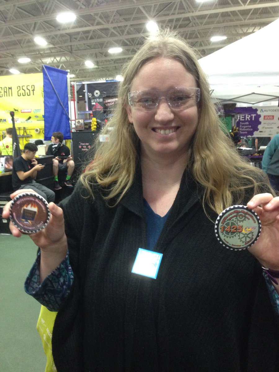 frcteam1425's tweet photo. A team 79 Crunch alumni just came by our pit with vintage #errorcodexero buttons! #teamhistory #morethanrobots https://t.co/IHqm8AHl4t
