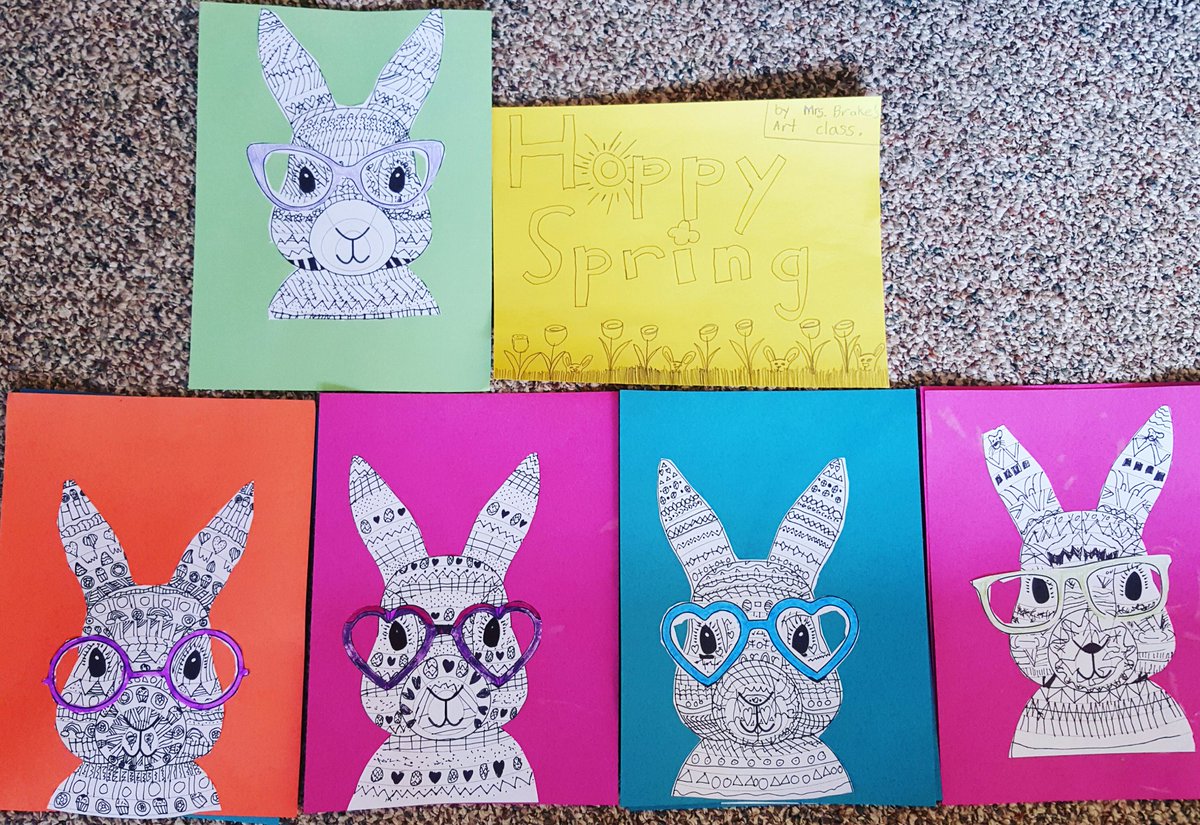 jjennybrake's tweet photo. Hoppy Spring! Thanks @TeachStarter for the template ๐ My students loved it! #bunnyart #linesandpatterns #sd73share https://t.co/opwXH6jjWF