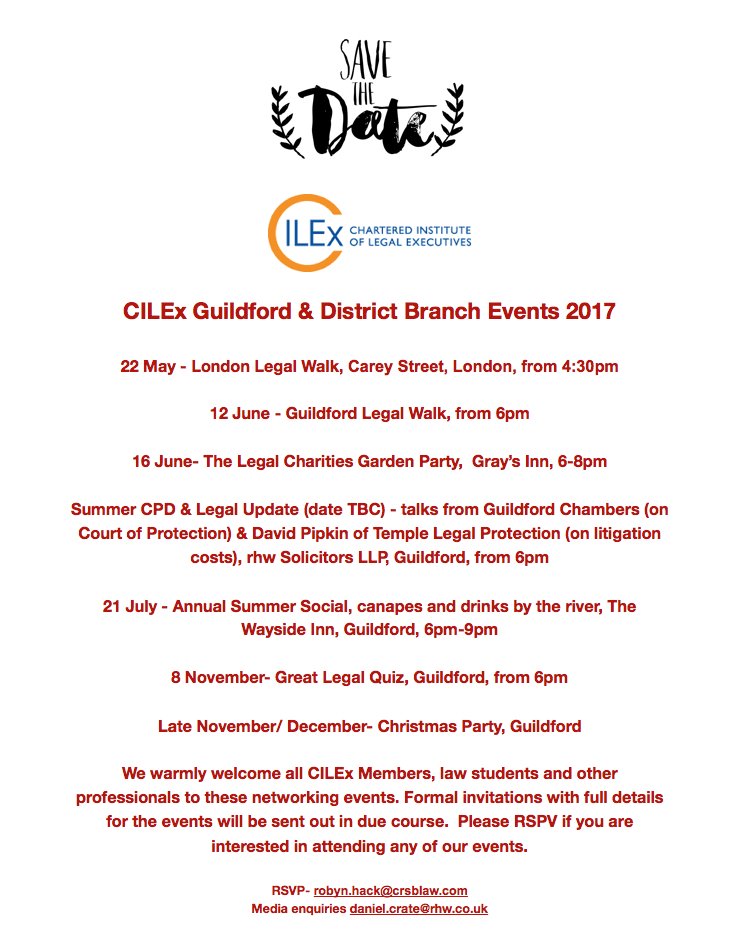 CILExGuildford's tweet photo. Our 2017 events flyer is out, all welcome! @UniversityofLaw @CILExPBT @CILExLawyers @GCBarristers @rhwSolicitors @YSL_Live @londonlegal https://t.co/yVr18Quxmn