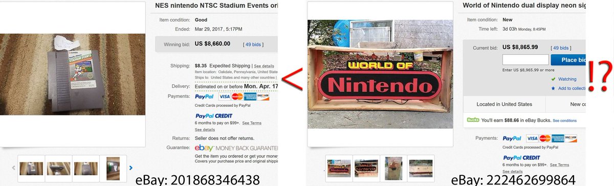 vgmuseum's tweet photo. How did a Neon Nintendo sign just passed the bid of Stadium Events!?
 https://t.co/VGx5feeyhZ
 vs
 https://t.co/CXJD4aU7Dp https://t.co/7jSstVG2ys
