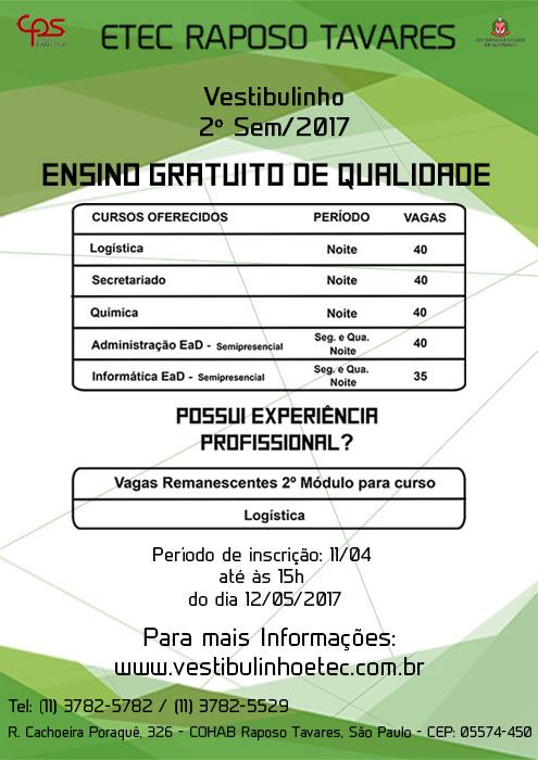 EtecomRaposoTav's tweet photo. #Vestibulinho Etec Raposo Tavares segundo semestre de 2017!
Divulgue e se inscreva nos cursos oferecidos pela Etec Raposo Tavares! https://t.co/EanuT14Trs