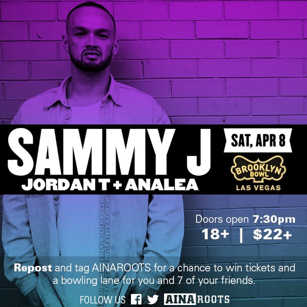 RasVegas702's tweet photo. Check out @AinaRoots for a chance to win tickets and bowling!!
#sammyj #jordant #analea
#vegas #live #island #reggae #music #ainaroots https://t.co/TG6LligUE1