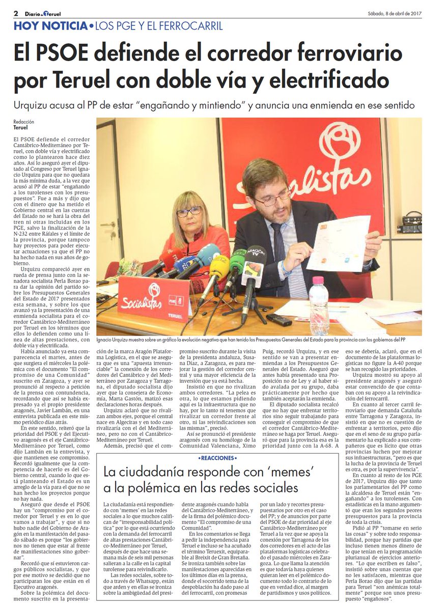 El PSOE defiende el corredor ferroviario por #Teruel con doble vía y electrificado #Aragón #CantábricoMediterráneo @iurquizu @PerlaBorao