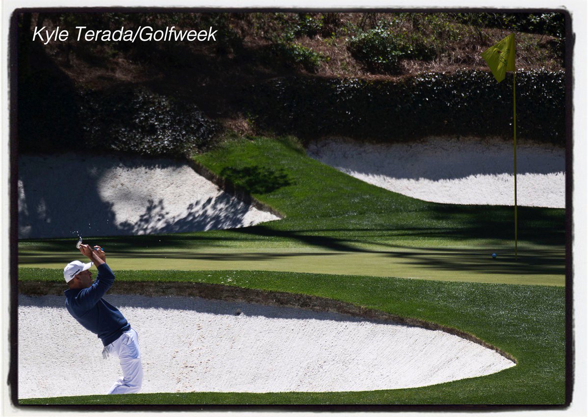 .<a href="/TheSergioGarcia/">Sergio Garcia</a> reacts after almost making a bunker shot during #themasters Second Round
