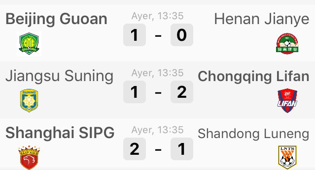 LigaChina's tweet photo. De momento, estos han sido los resultados de ayer en la J4, sorpresón en Nanjing, en cuanto a hoy, ya está en marcha el #Guizhou vs #TEDA https://t.co/PyfXYsFDhU