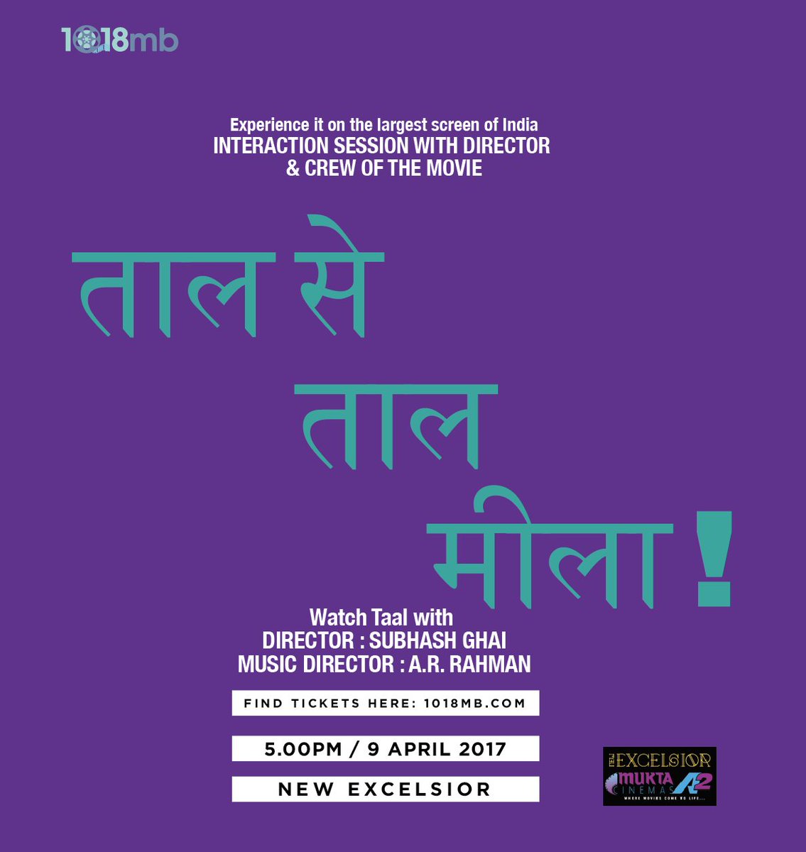 1018mb's tweet photo. 1 day to go! Watch #TaalAgain with 
@SubhashGhai &amp; Crew @MuktaA2Cinemas Find tickets here: 
https://t.co/kvXh1oqxST https://t.co/60hVHgXHvL
