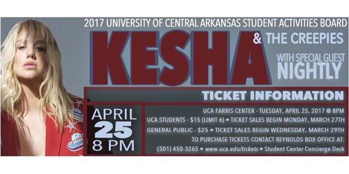 UCA_SAB's tweet photo. Tickets for KESHA are still on sale! Grab yours before it's too late! #whatthefun https://t.co/qT4c6nyv8R