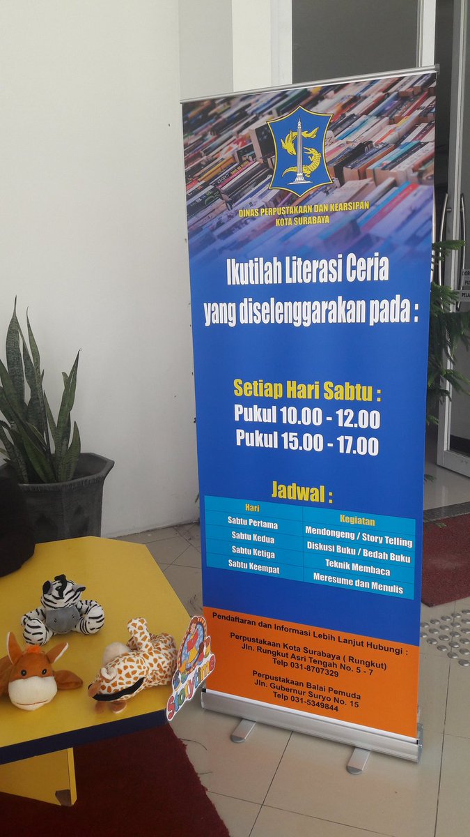 Yuk ikut Literasi Ceria di perpustakaan kota SBY di <a href="/BalaiPemuda/">Gedung Balai Pemuda</a> | setiap hari Sabtu, sesi 1 pkl 10.00 - 12.00 | sesi 2 pkl 15.00 - 17.00
