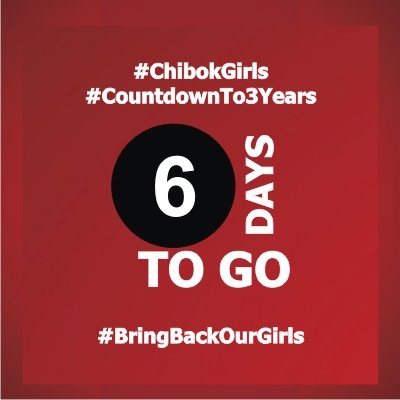 BBOG_Nigeria's tweet photo. 6 days to go.
#CountdownTo3YearsInCaptivity.
Another painful milestone
#BringBackOurGirls https://t.co/veZSd18DfT