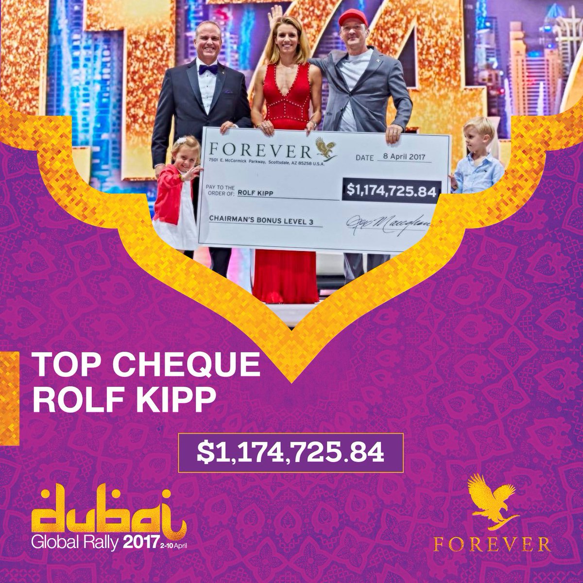 OfficialForever's tweet photo. The top Forever cheque for Rolf and Dominique Kipp is $1,174,725. Congratulations! #FGR17 https://t.co/LdanBTKlU6