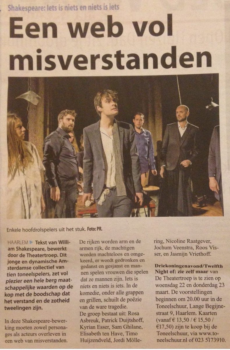 Shakespeare komedie Twelfth Night in een eigen vertaling. Kom lachen, denken, drinken en in de war zijn vanavond in <a href="/CorrosiaAlmere/">Corrosia Almere</a>