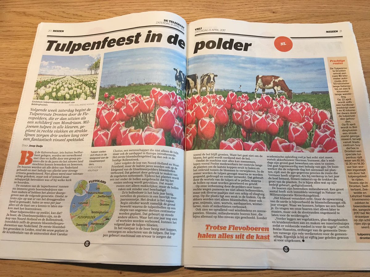 Prachtig artikel 'Tulpenfeest in de Polder' over <a href="/Tulpenroute/">Tulpenroute Dronten</a> #Dronten in de <a href="/telegraaf/">De Telegraaf</a>. Geweldige Flevolandse tulpenpromotie. #Tulpen
