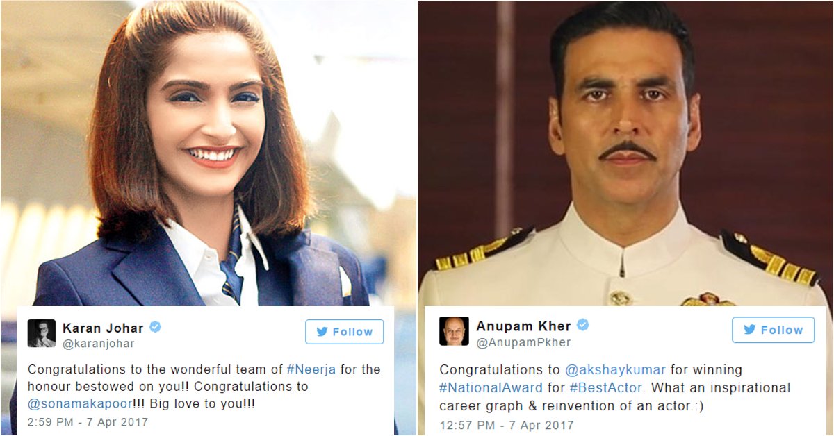 Bollywood congratulates <a href="/akshaykumar/">Akshay Kumar</a> and <a href="/sonamakapoor/">Sonam K Ahuja</a> on National Award wins filmipop.com/news/movies/bo… #Neerja #Rustom