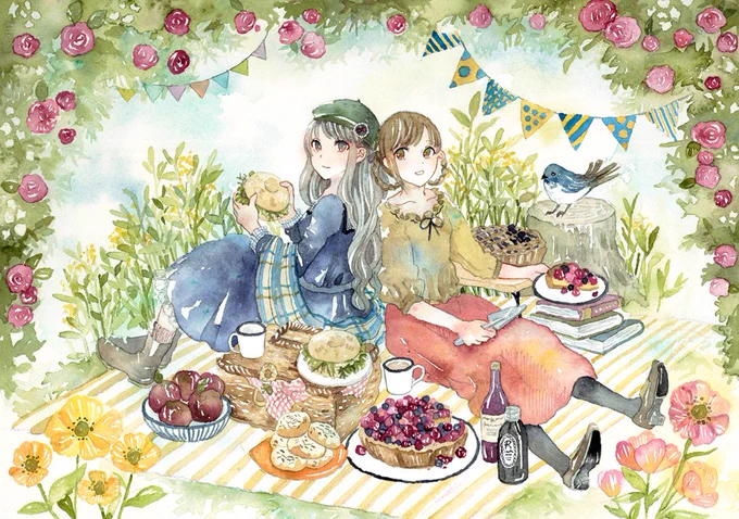 透明水彩で女の子と植物を描いています #4月なのでフォロワーさんに自己紹介しようぜ 
