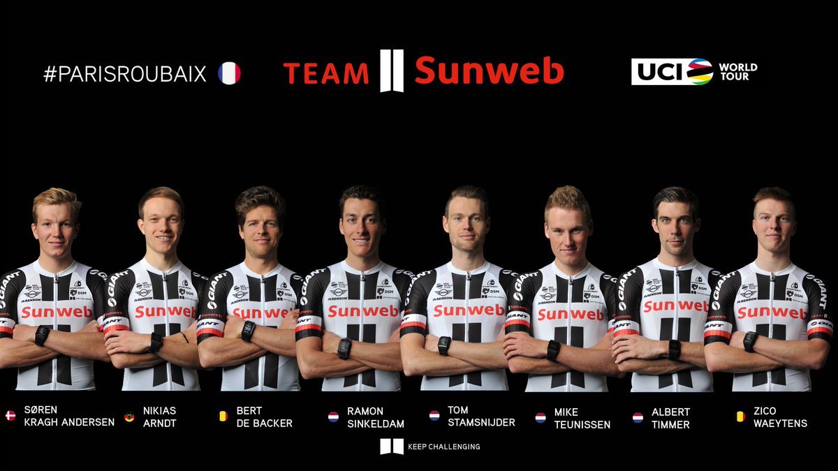 Line-up: #ParisRoubaix Average age: 27 Nationalities: 🇩🇰 🇩🇪 🇧🇪 🇳🇱 Combined pro wins: 15