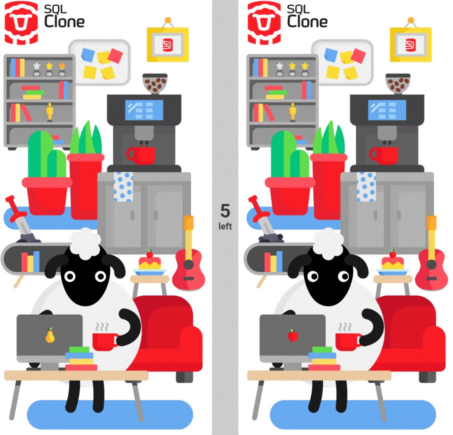 redgate's tweet image. #SQLBITS COMPETITION - Play spot the difference for the chance win a license of #SQLClone. RT this tweet & come to the booth for info