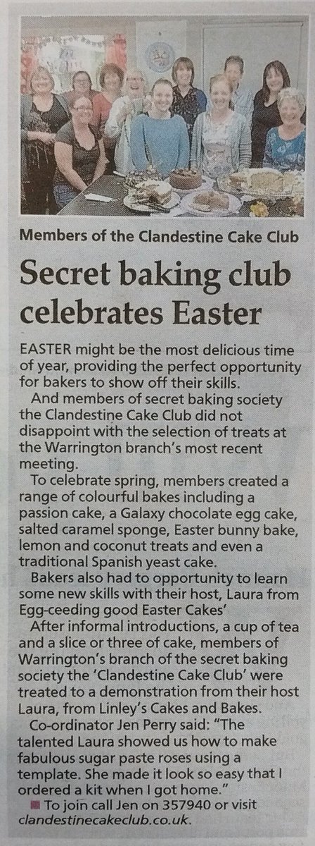 Thrilled to see our Warrington Clandestine Cake Club in the paper!! @fbalon12 <a href="/FoLGrappenhall/">Grappenhall Library</a> @friendsofghwg <a href="/LoveLatchford/">Love Latchford</a> <a href="/culchethchat/">Culcheth Chat</a>