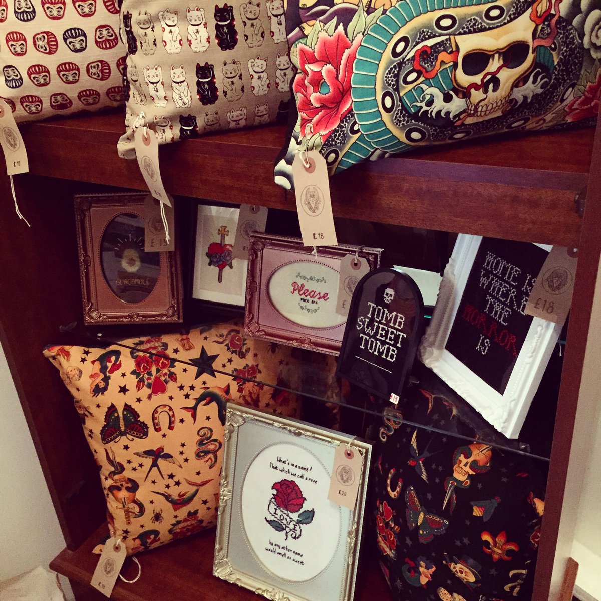 PieInTheSky2014's tweet photo. In town today? Pop into @LandAhoyTattoos on Sauchiehall Street to check out Pie In The Sky's cushions &amp; cross-stitches in their cabinets😃 https://t.co/ukVCJacP4t
