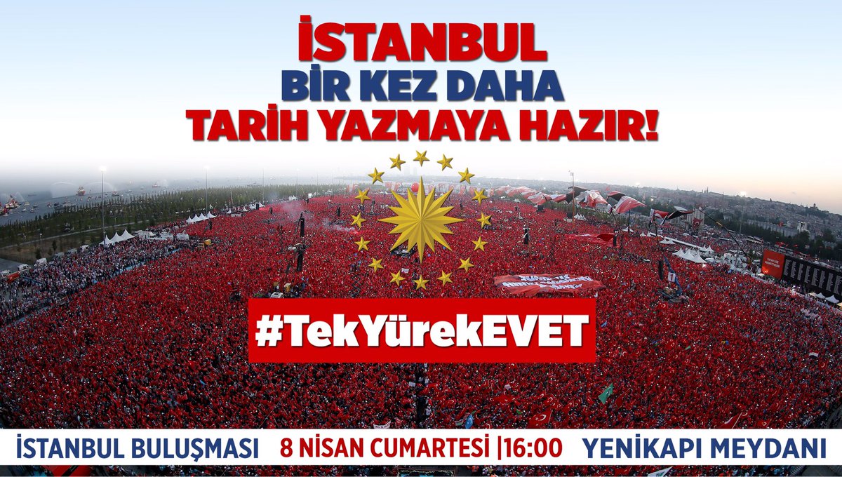 İstanbul bugün bir kez daha tarih yazacak. Saat 16:00'da, Yenikapı Meydanı'nda.

#TekYürekEVET