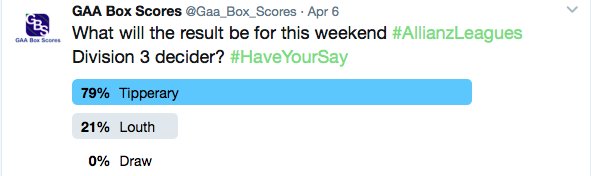 Gaa_Box_Scores's tweet photo. 79% of people think @TipperaryGAA will win this weekend's #AllianzLeagues Division 3 final... See what we think:https://t.co/hn0Gbsm5MF https://t.co/wOhY3P7Obu