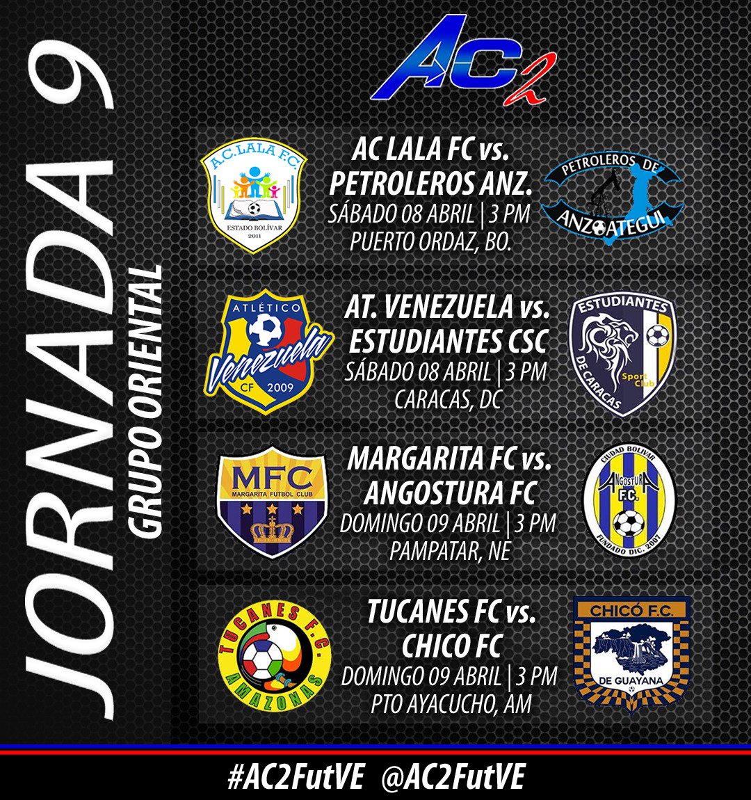 AC2FutVE's tweet photo. #HOY ¡Asiste al estadio!

Así se jugará la jornada 9 del Grupo Oriental de la #AC2FutVE https://t.co/K39buCuBP1
