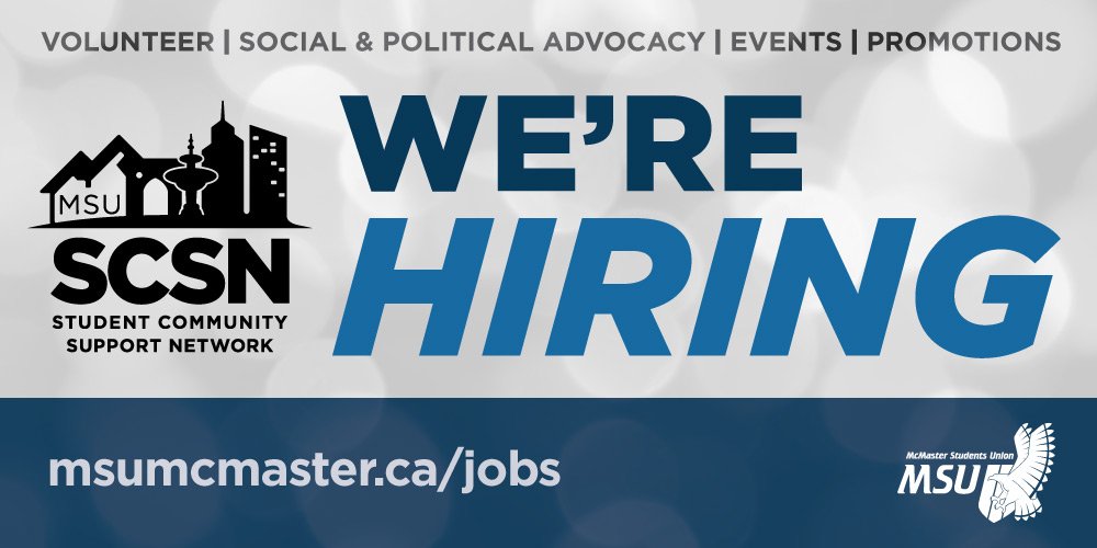 MSU_McMaster's tweet photo. Looking to get more involved with the #HamOnt community? Consider applying for @MSU_SCSN executive team: https://t.co/gUhlGt2aZc #McSU https://t.co/WmQiAIhzaZ