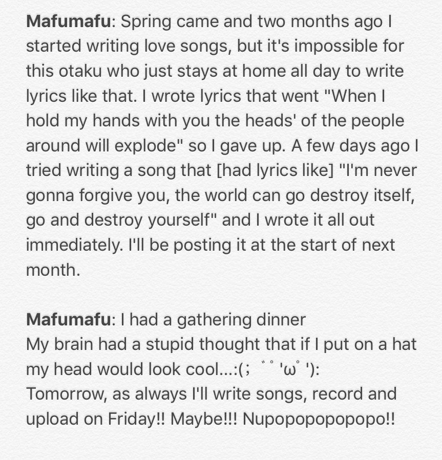 [translation] Mafumafu tried writing a love song but an otaku like him doesn't find it easy. (He wrote a destroy the world song instead)