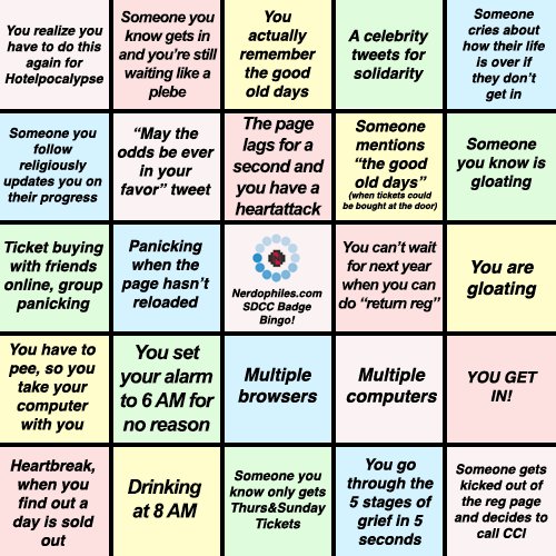 a99kitten's tweet photo. Ha!!! RT @nerdophiles: Are you prepared for #SDCC #OpenReg2017 bingo?! See if you can't fill in every square! https://t.co/ubyr6wgqpa
