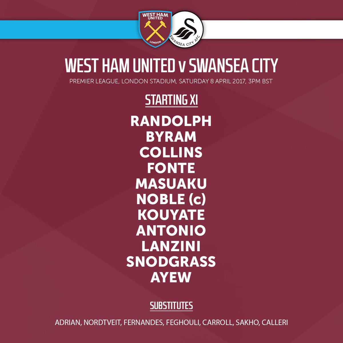 WestHam's tweet photo. TEAM NEWS!

Here's the starting XI Slaven has selected for today's game...

#COYI #WHUSWA https://t.co/NTbYeIZamN