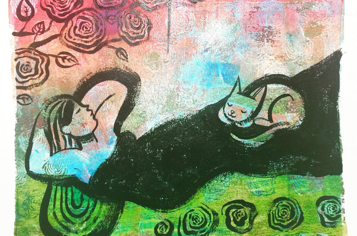 martaribes's tweet photo. Los gatos saben de dormir siestas. #Monotipo y pintura en papel. #grabado #martaribesart https://t.co/LPf1yQKw5B
