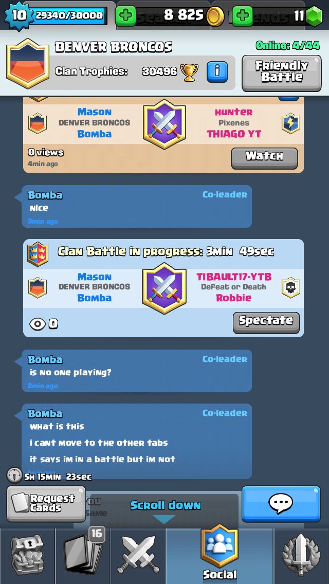 AllSuperCell's tweet photo. @ClashRoyale It's says I'm in a Clan Battle (which I'm not) and now it won't let me switch tabs (I'm Mason) https://t.co/iYSY6ejQqH