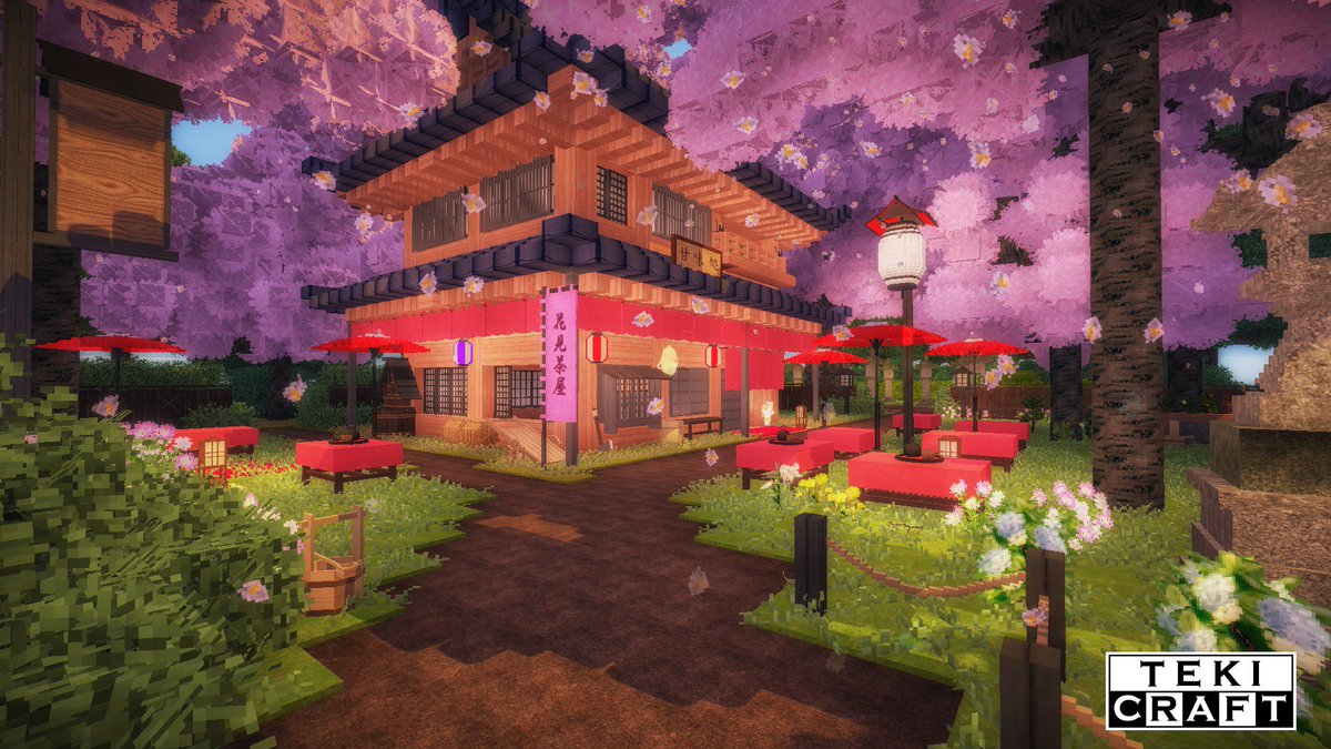 テキ助 Tekicraft3d配布中 Twitterissa 今日雨降って花見できなかったので 桜に囲まれた 花見茶屋 を作りました W 且 お茶どうぞ Tekicraft Minecraft建築コミュ