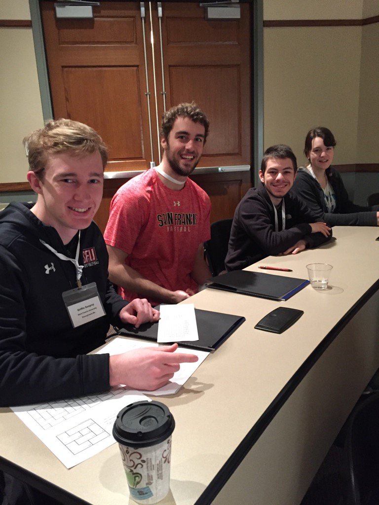 drmuinho's tweet photo. The Pennsylvania Mu delegation (#SFU) getting ready for the morning session at #KME2017.  @KMEMath https://t.co/TPmxPho4GP
