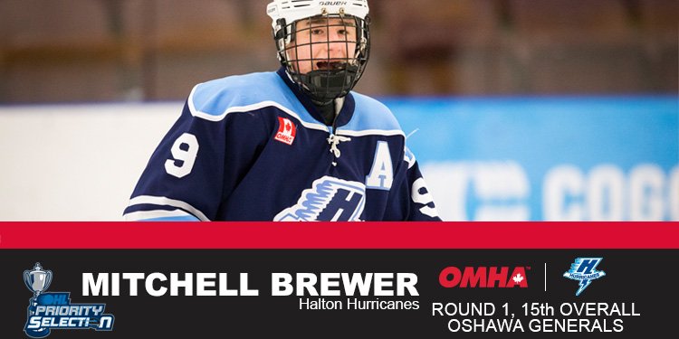 .<a href="/HurricanesPuck/">MM Halton Hurricanes</a>'s Mitchell Brewer chosen 15th overall by the <a href="/Oshawa_Generals/">Oshawa Generals</a> in the <a href="/OHLHockey/">Ontario Hockey League</a> #OHLDraft. #OMHA