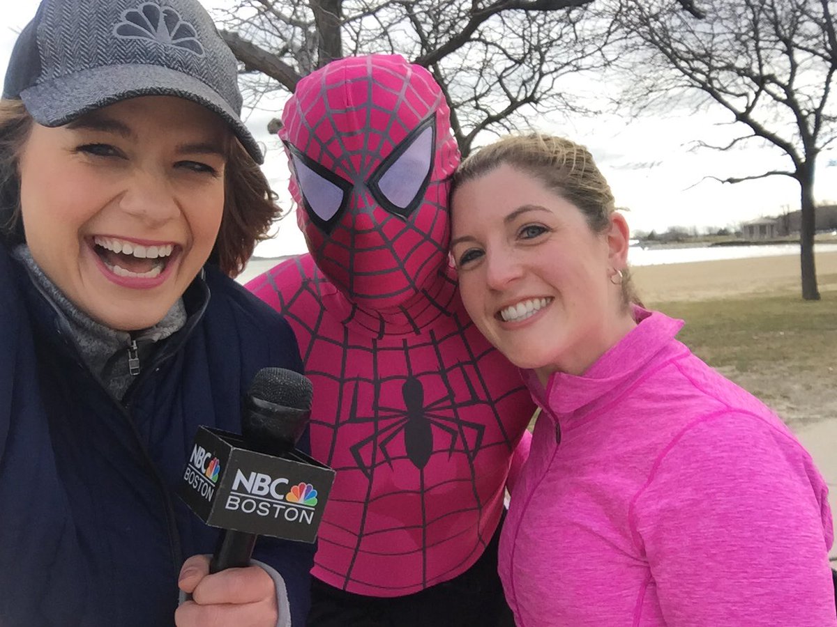 AbbeyNBCBoston's tweet photo. When you get a chance to interview a PINK Spider Man live on TV... YOU TAKE IT! #NBCBoston #raceforthecure https://t.co/CAbBWLcifh