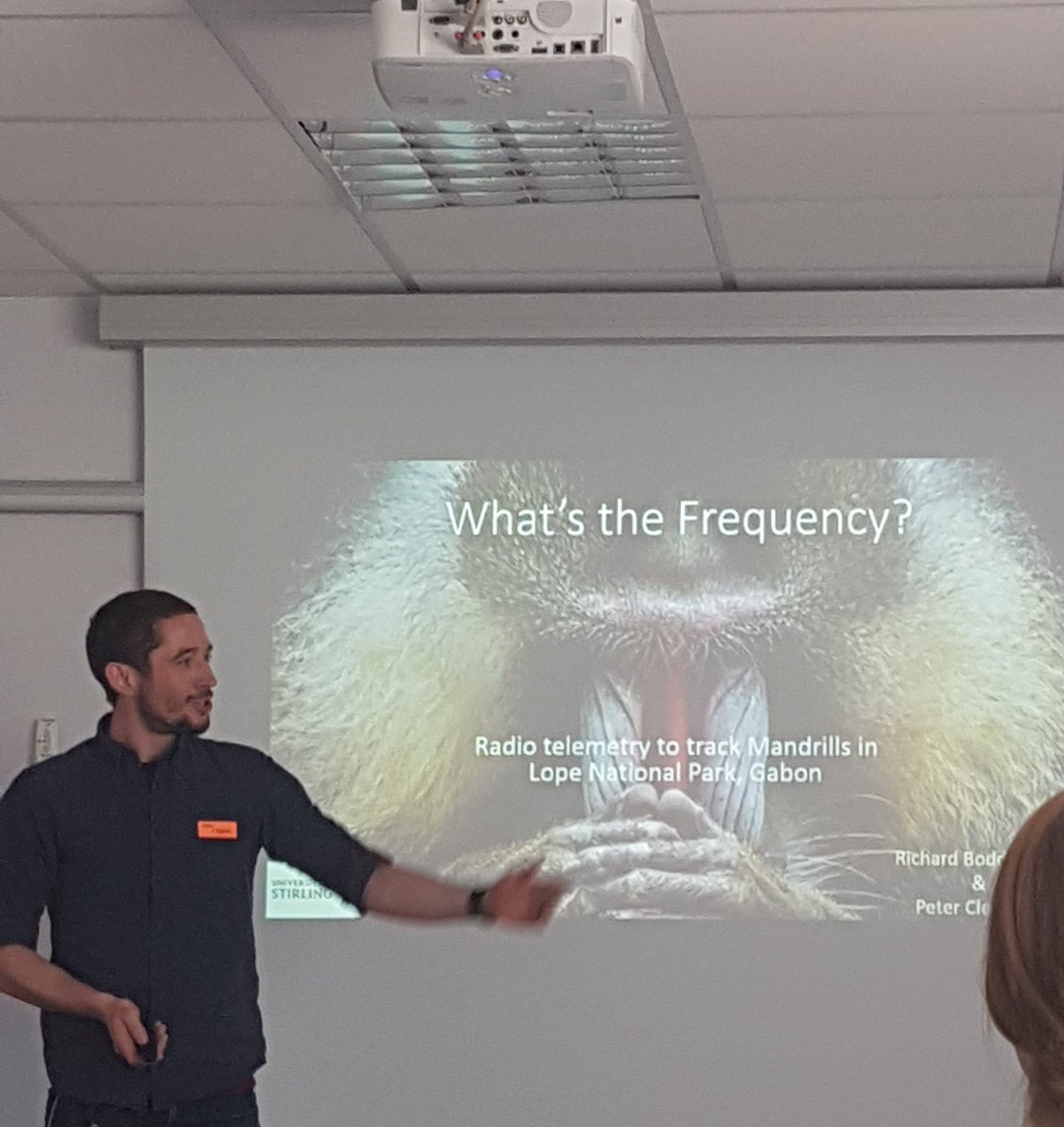 teac_stirling's tweet photo. Another MSc student talk from Stirling students Richard and Peter on the challenges of using radio telemetry to track mandrills #STEB https://t.co/dkfSfI8SU5