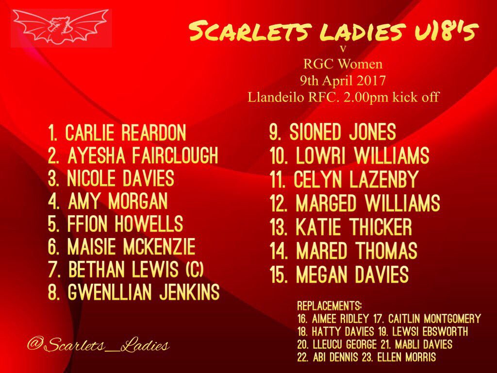 Scarlets_Ladies's tweet photo. TEAM ANNOUNCEMENT: @Scarlets_Ladies u18s team to play @RGCWomens Sunday 9th April 2017 @LlandeiloRugby kick off 2pm #ynypac #inthepack 🏉 https://t.co/MdhtHOa9LQ