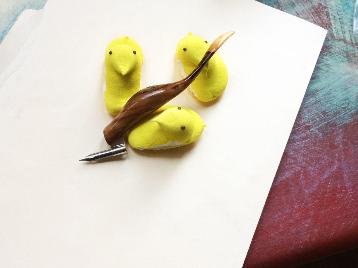 chicagopenshow's tweet photo. Peeps and pens! Hand-carved calligraphy pens from @lindseyehook only at #chicagopenshow2017 https://t.co/sFKPEkCdXI