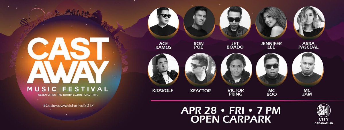 SMCabOfficial's tweet photo. Catch #CastawayMusicFestival2017 at #SMCityCabanatuan on Apr 28 • 7PM • Open Carpark. 
#RonPoe #JetBoado #JenniferLee #VictorPring #AceRamos https://t.co/qXqlo4zUXK