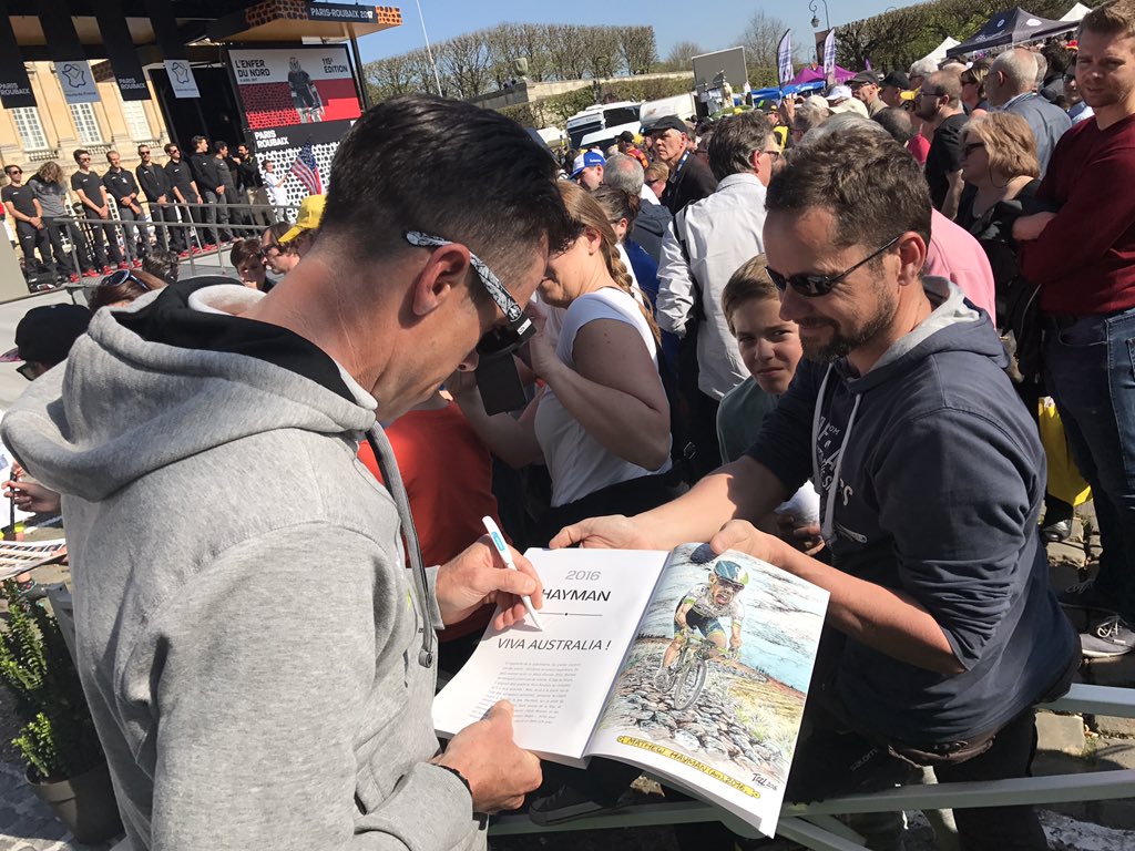 GreenEDGEteam's tweet photo. #ParisRoubaix: Lucky last at the team presentation for a very good reason. 😉1️⃣ #Champ #AlwaysKeepRiding https://t.co/XGSTQlmake
