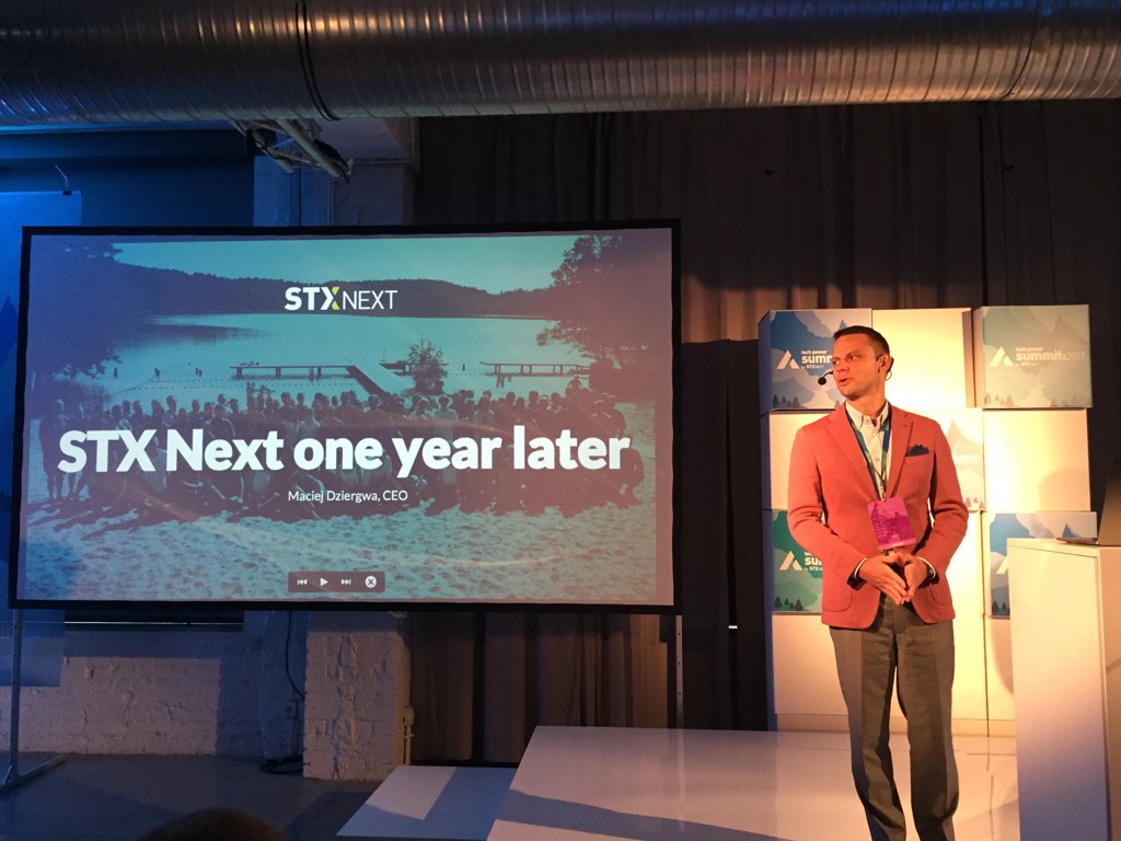 STXNext's tweet image. On stage now: @mdziergwa, #CEO at #STXNext speaking about last year and plans for future. #TechPowerSummit2017
