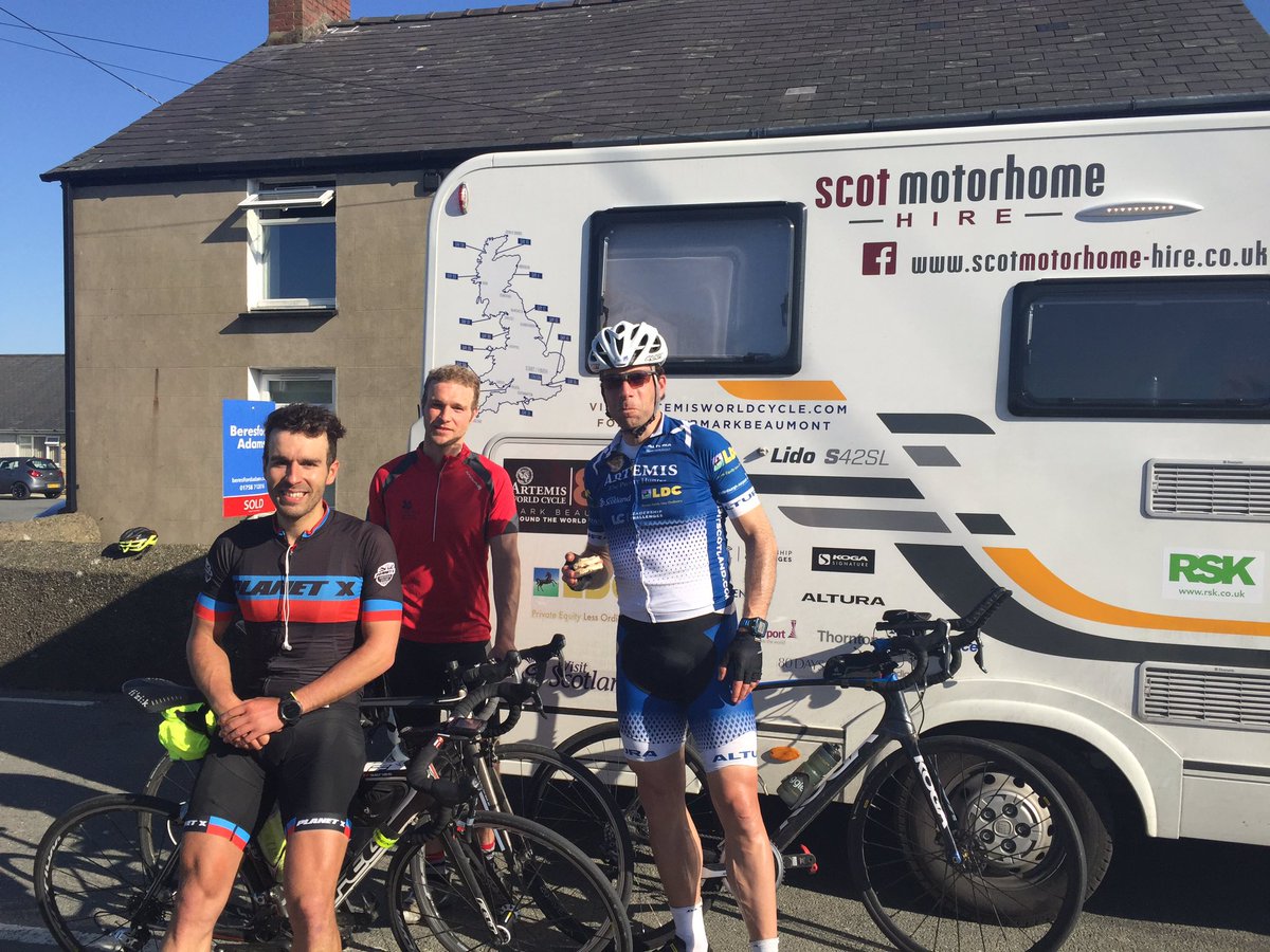 MrMarkBeaumont's tweet photo. Amazing to have Tom Parkinson &amp; his brother Rob join the journey #AroundBritain. Tom cycled up from Cardiff! We're now at Myntho. https://t.co/eAhD1tm6EG