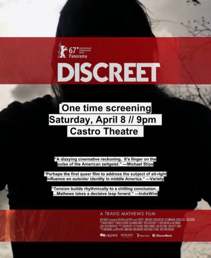 Tonight only!  Catch DISCREET at the historic Castro Theatre as part of <a href="/SFFILM/">SFFILM</a> with <a href="/travisdmathews/">Travis Mathews</a> in attendance!