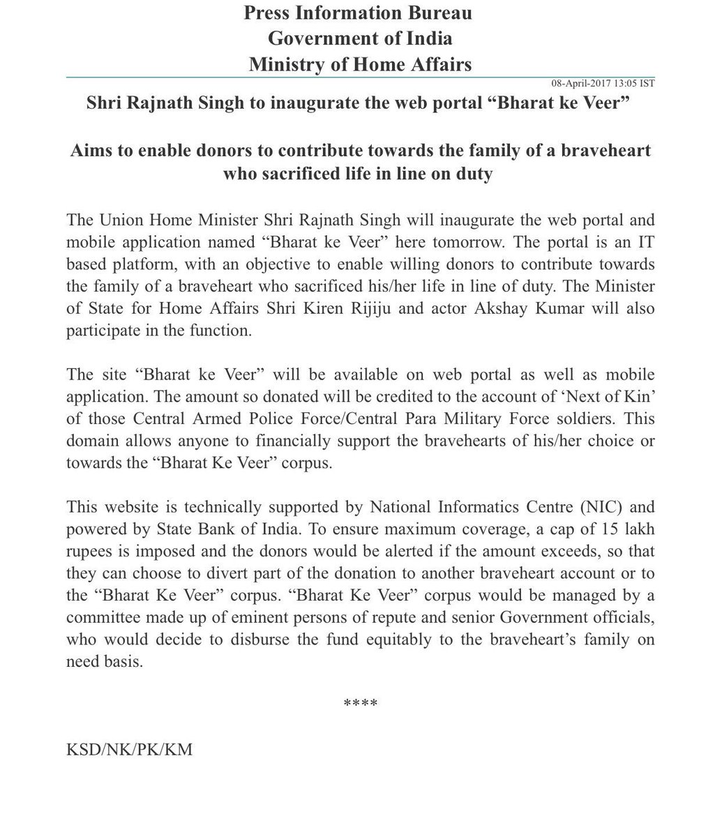 Akshay Kumar 24x7 (@akkistaan) on Twitter photo “Bharat ke Veer” App to be launch by <a href="/rajnathsingh/">Rajnath Singh</a> ji & <a href="/akshaykumar/">Jolly Mishra - Asli Jolly from Kanpur</a> sir tomorrow in Delhi.
#BharatKeVeer “Bharat ke Veer” App to be launch by <a href="/rajnathsingh/">Rajnath Singh</a> ji & <a href="/akshaykumar/">Jolly Mishra - Asli Jolly from Kanpur</a> sir tomorrow in Delhi.
#BharatKeVeer
