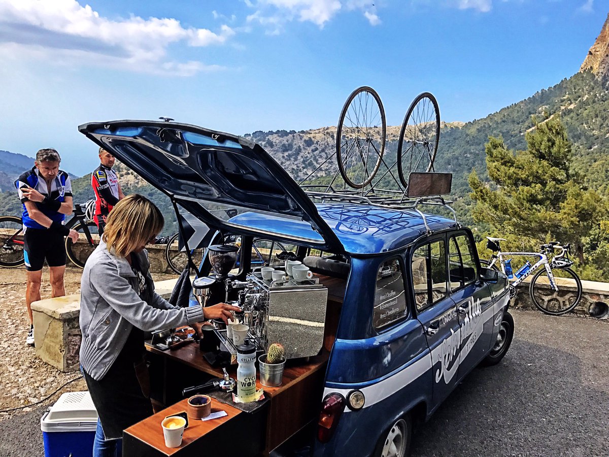 OttilieQ's tweet photo. Nice touch of @Viva_Velo to organise a coffee at the top of #PuigMajor today served up by the awesome #ma13 guys! 😁☕️ #Mallorca https://t.co/cLCW7xs5X7