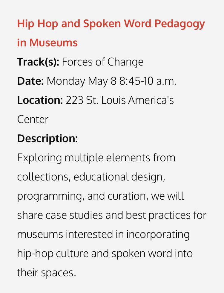 timothy anne burnside (@timothyanne) on Twitter photo Join me for "Hip-Hop & Spoken Word Pedagogy in Museums" during the <a href="/AAMers/">American Alliance of Museums</a> annual conference in St. Louis #AAM2017
annualmeeting.aam-us.org/blog/event/hip… Join me for "Hip-Hop & Spoken Word Pedagogy in Museums" during the <a href="/AAMers/">American Alliance of Museums</a> annual conference in St. Louis #AAM2017
annualmeeting.aam-us.org/blog/event/hip…
