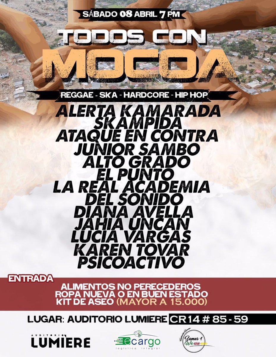 AtaqueEnContra's tweet photo. HOY a las 7:00 pm en el Auditorio Lumiere: @AtaqueEnContra en TODOS CON MOCOA. #TodosSomosMocoa #TodosconMocoa #153Crew https://t.co/UjtiDdzJyf