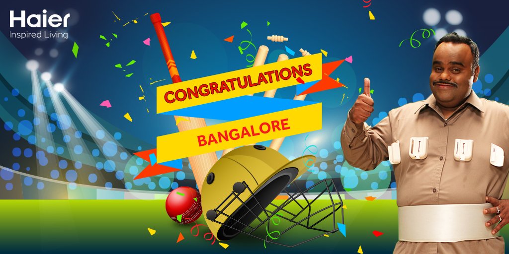 IndiaHaier's tweet photo. And Bangalore wins the match!
Thats what #ThandaDimaag does to them!
#RemotuKaka too delighted!
#Haier #BakiACKiTaisi https://t.co/7uPK9vzcji