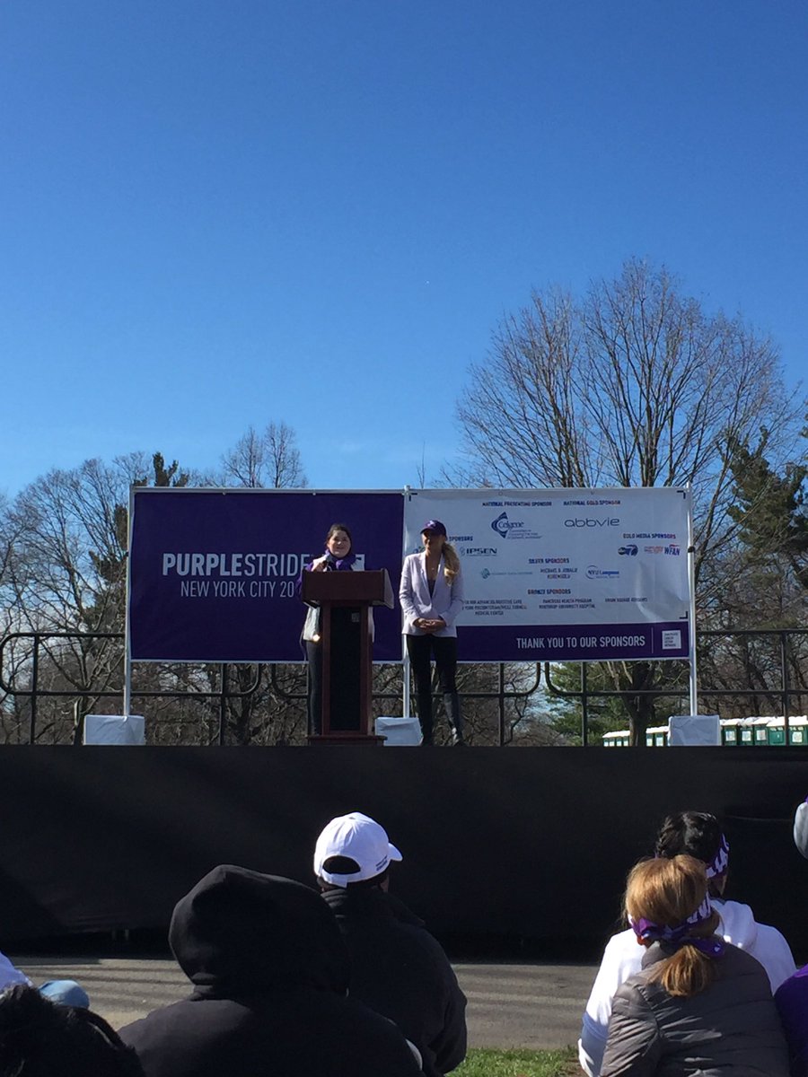 rkesss's tweet photo. My fabulous sister @jakessman on stage at #PurpleStride with @survivorcbs contestant @KatEdorsson #WageHope @PanCANNYC @PanCAN #ProudSister https://t.co/mQGoG4taPn